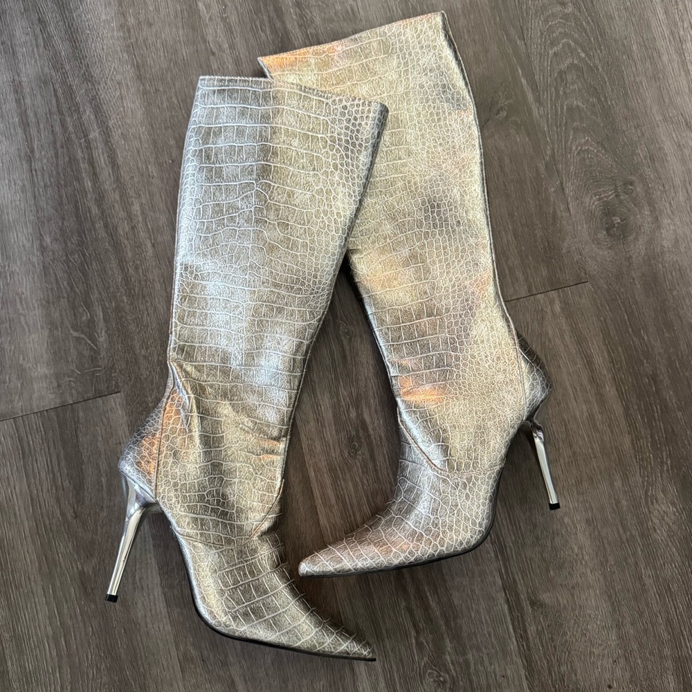 Colin Stuart Silver Metallic Croc Embossed Stiletto Boots